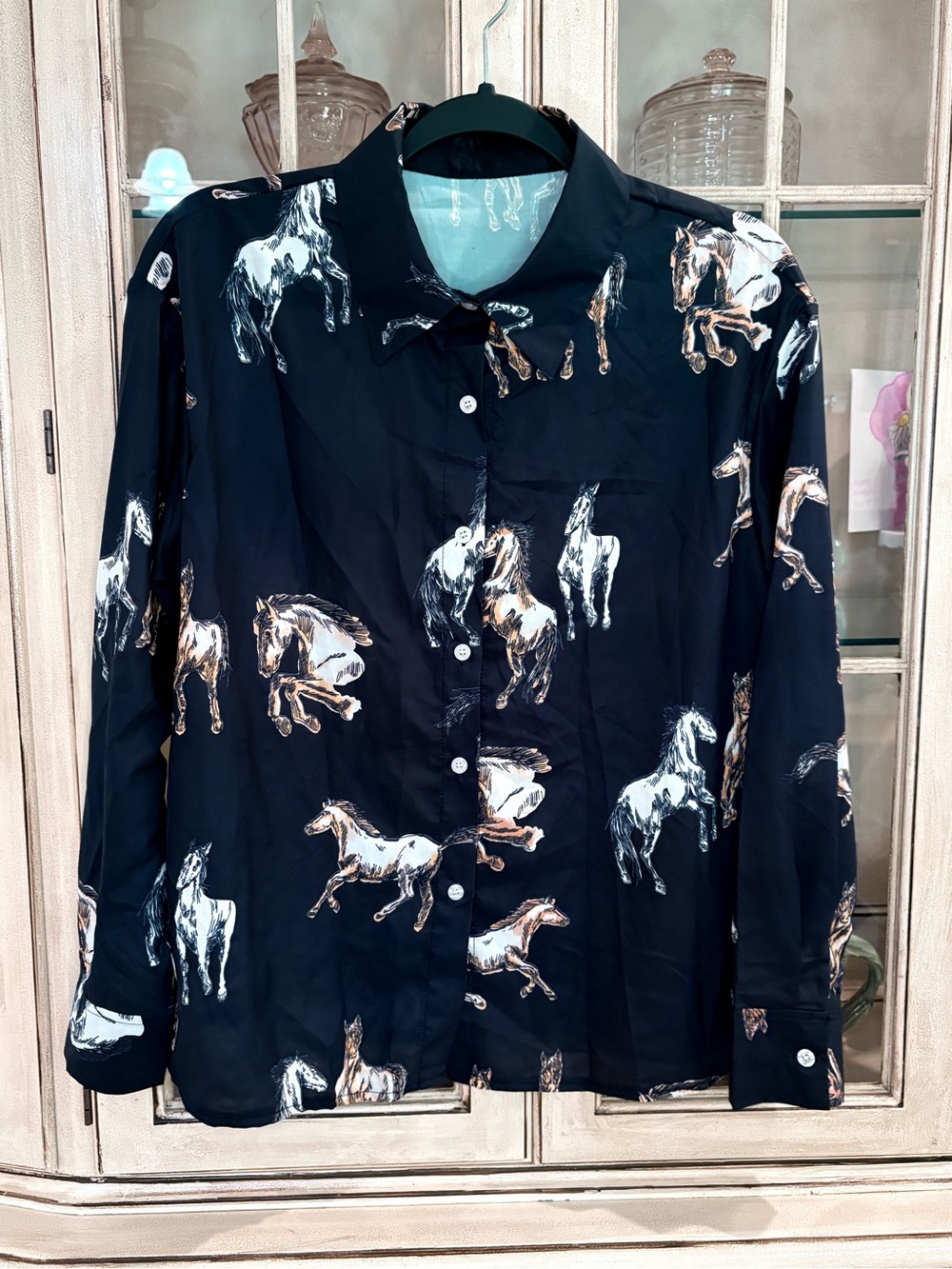 Black Button-Down Blouse with Elevated Equestrian Print